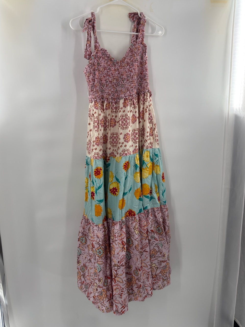 Nanette Lepore Play Size M Floral Patchwork Maxi Dress Smocked Boho Cotton